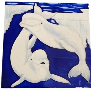 Beluga Whales Decorative porcelain glazed art wall tile 8” x 8”